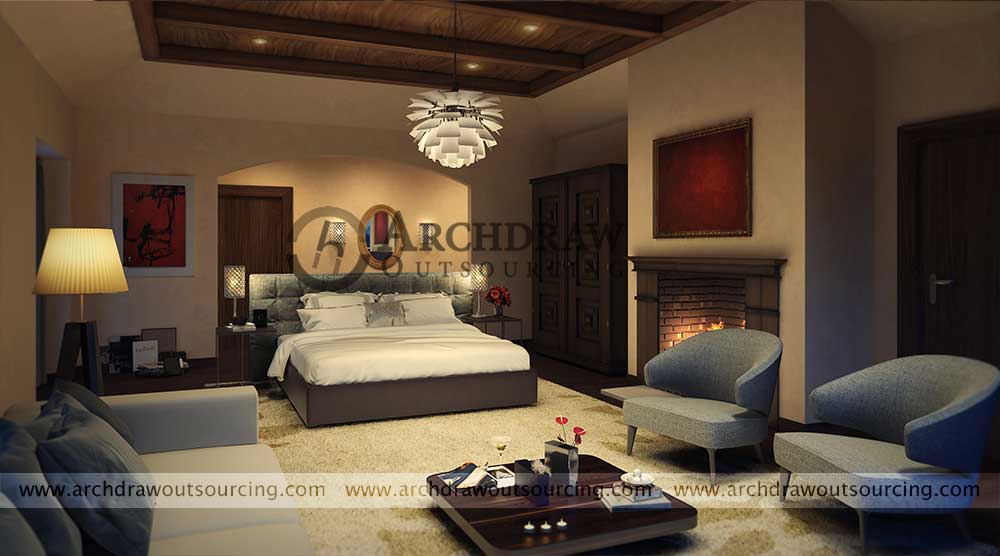 Villa Interior Bedroom 3D Rendering Pennsylvania